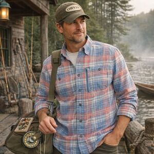 Orvis Plaid Button Down Shirt Blue Red Fishing Outdoor Utility Mens Large